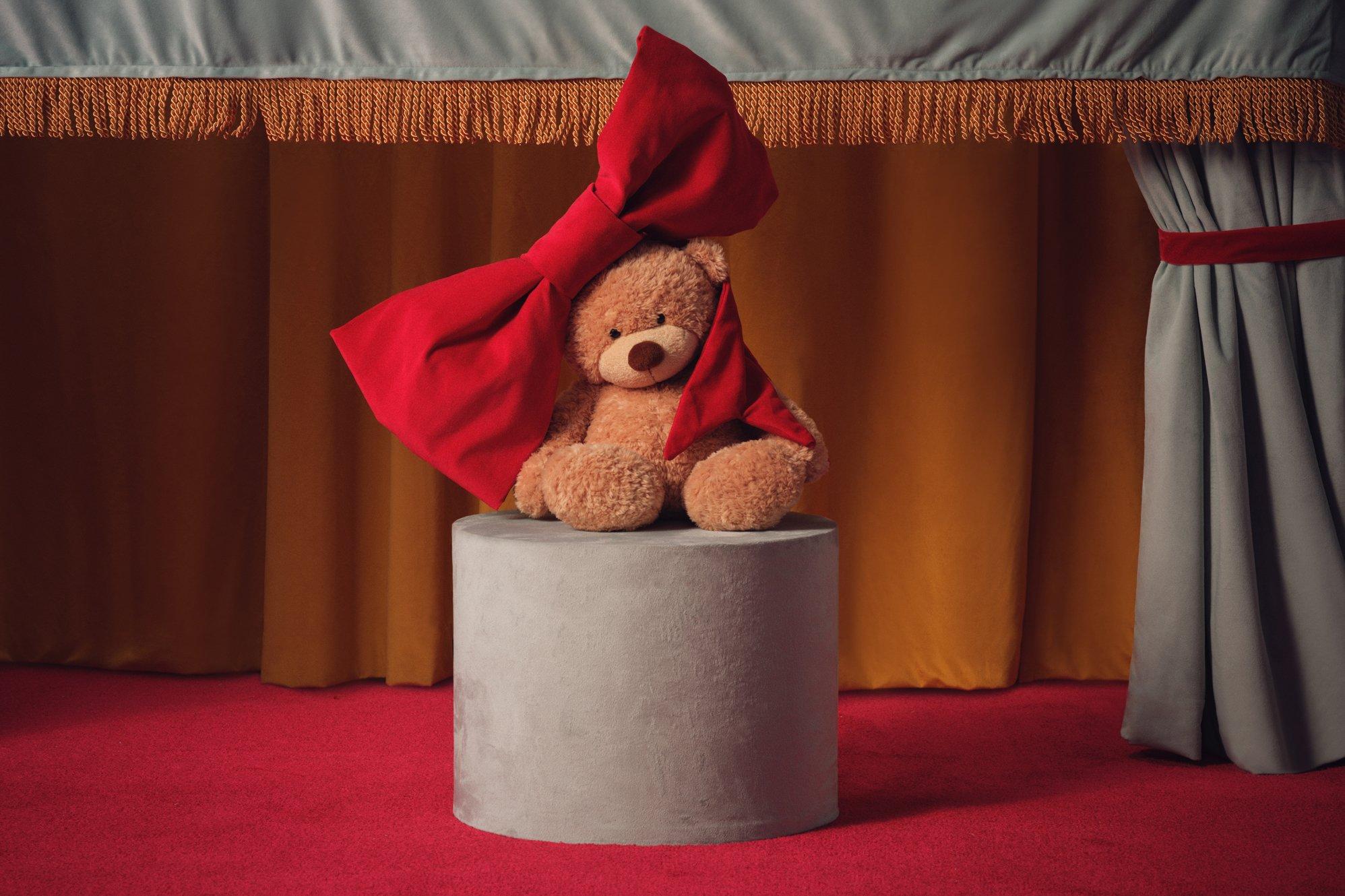 Image of a bear with a red bow on it's head