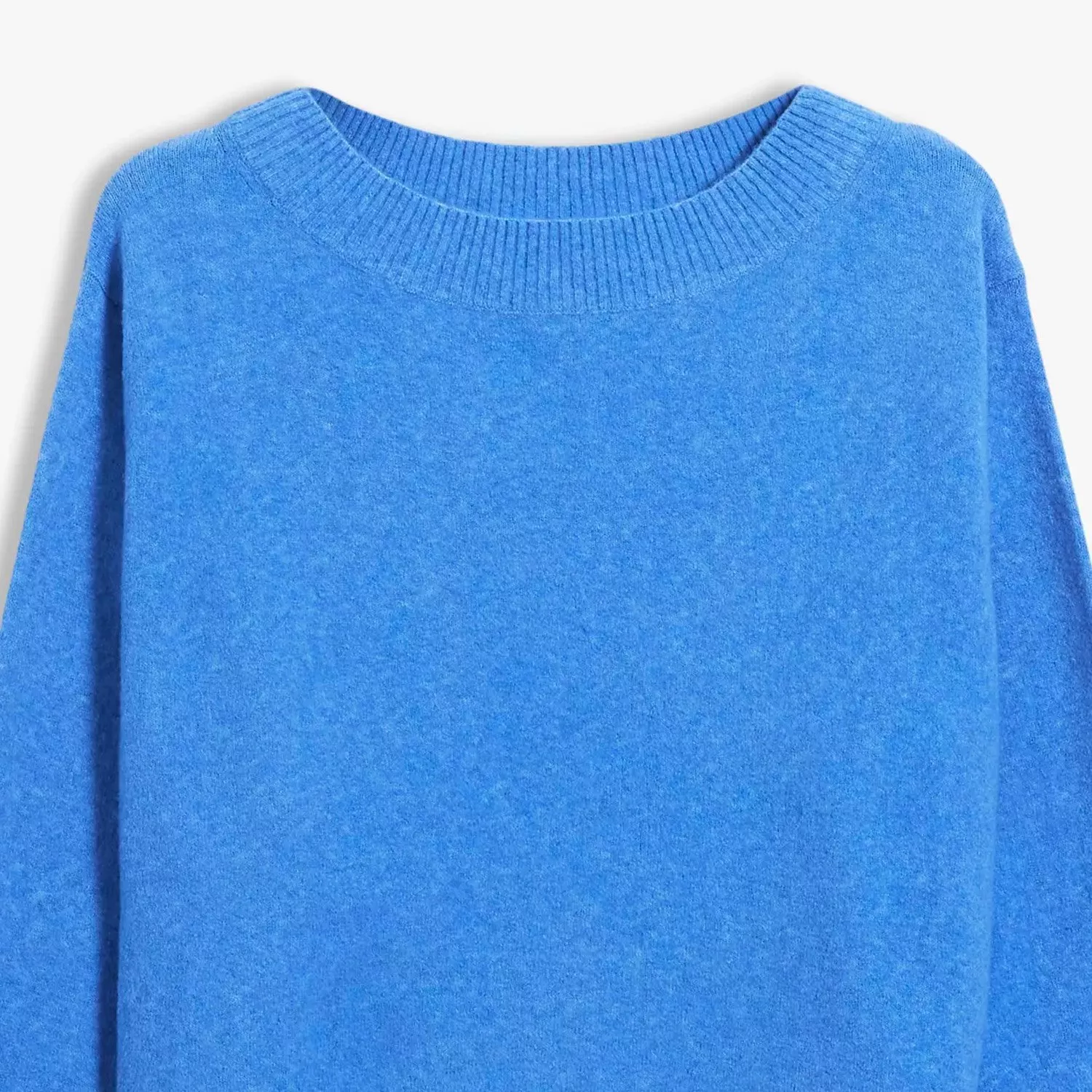 Soft blue crew neck jumper with ribbed collar, long sleeves and cosy knit texture on plain background