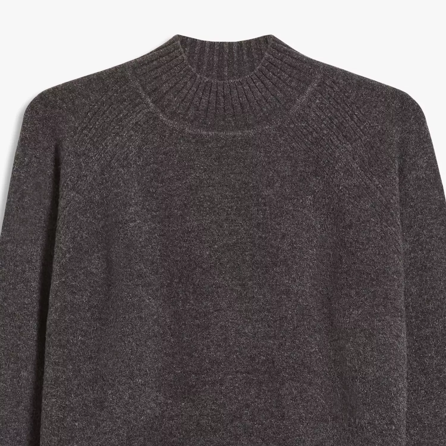 Charcoal grey knitted jumper with ribbed crew neck and raglan sleeves, soft wool blend on white background