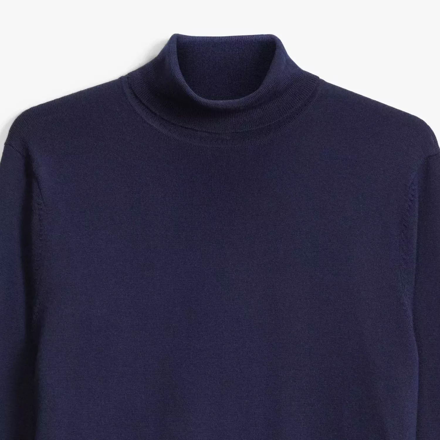 Navy mock neck jumper close-up, soft knit fabric, smart casual men's winter sweater on white background