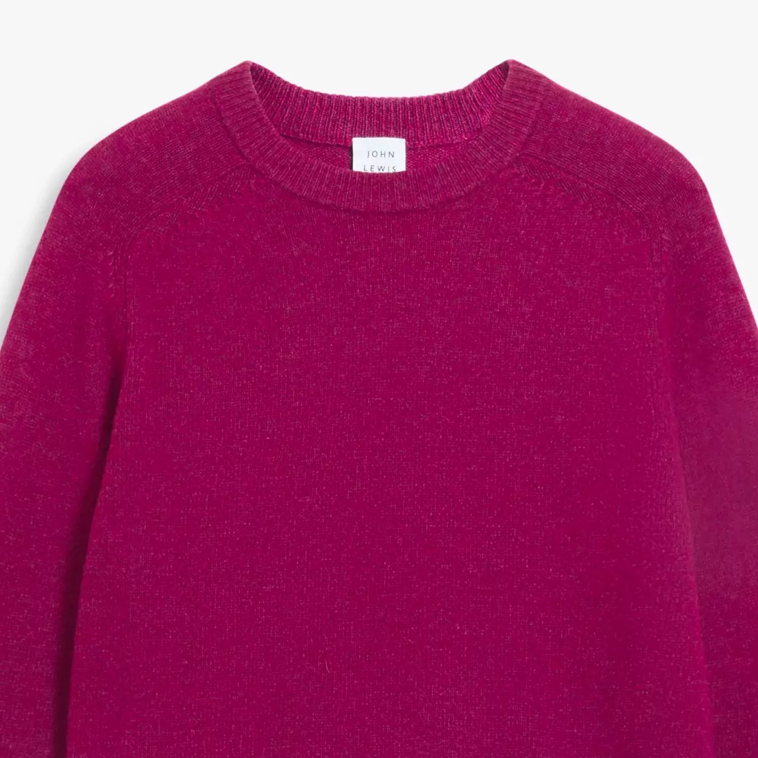 Fuchsia crew neck knit jumper with ribbed collar and raglan sleeves, close-up product photo on white background