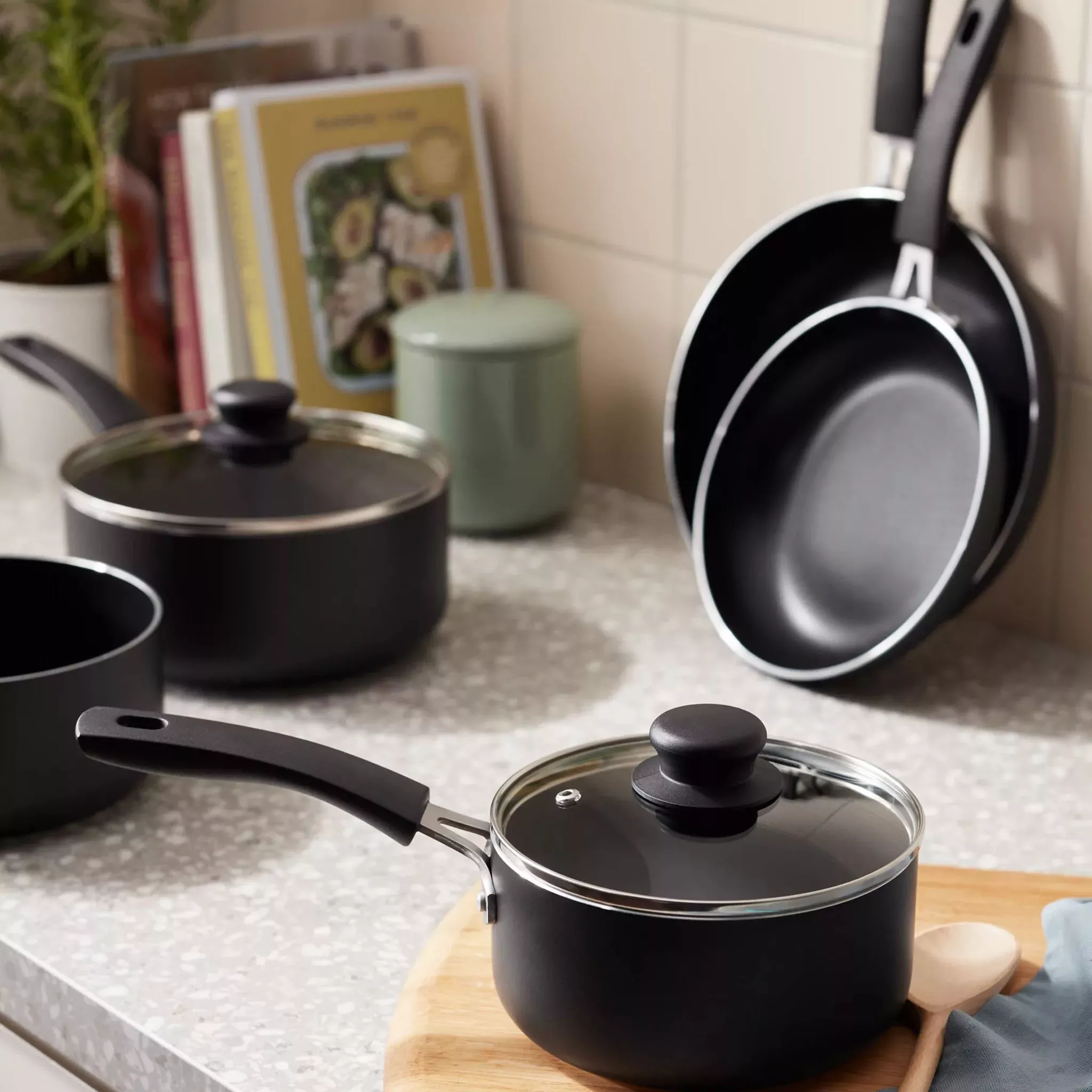 Assortment of pans on kitchen counter
