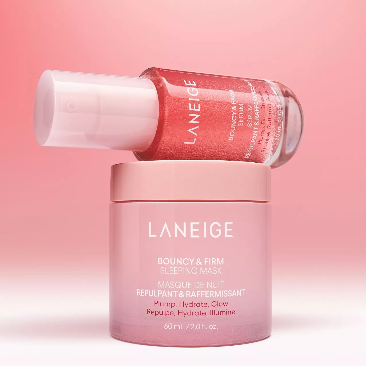 Laneige Bouncy & Firm Sleeping Mask jar with Bouncy & Firm serum bottle on pink skincare background