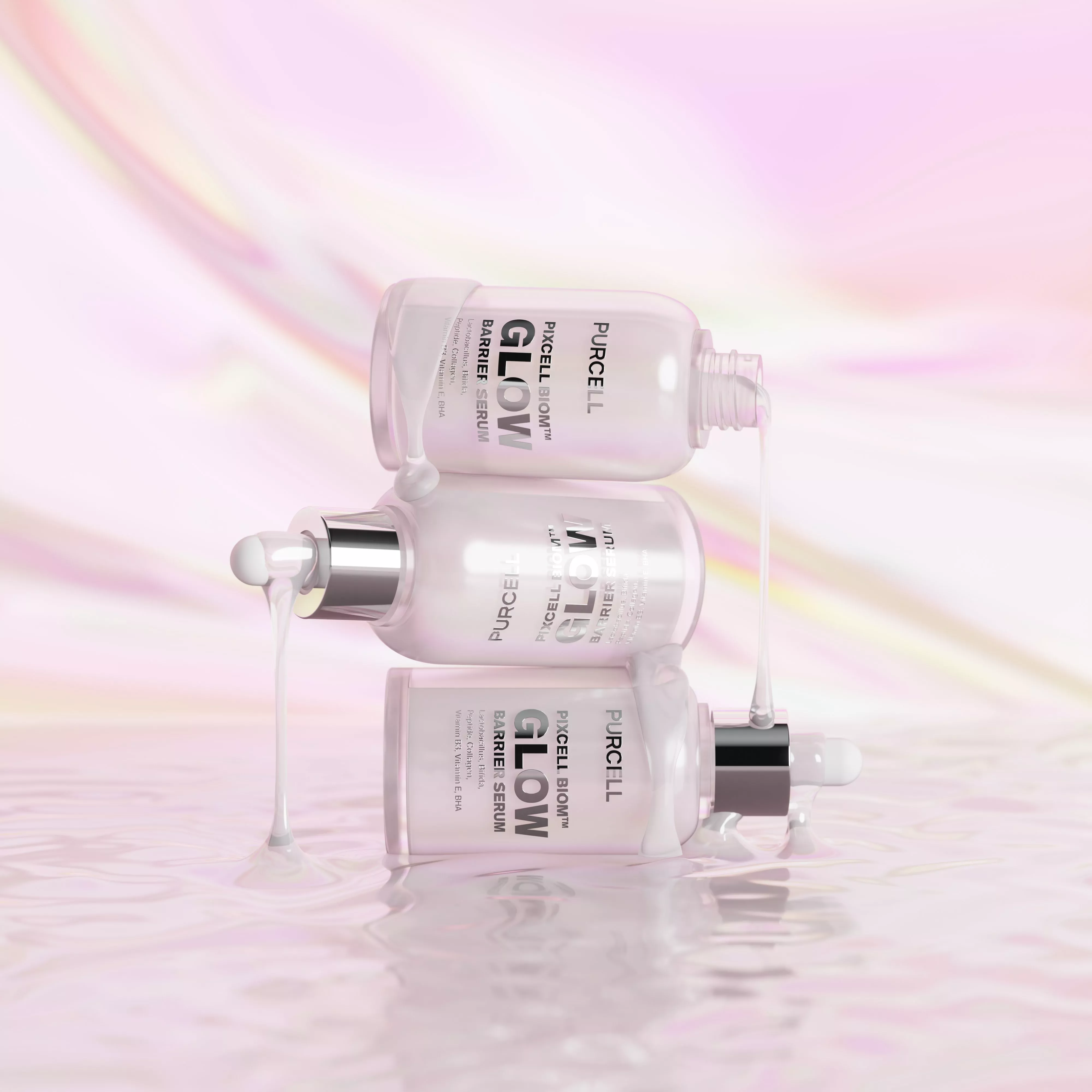 Purcell Pixcell Biom Glow Barrier Serum bottles with droppers, stacked on glossy pastel background with serum drip