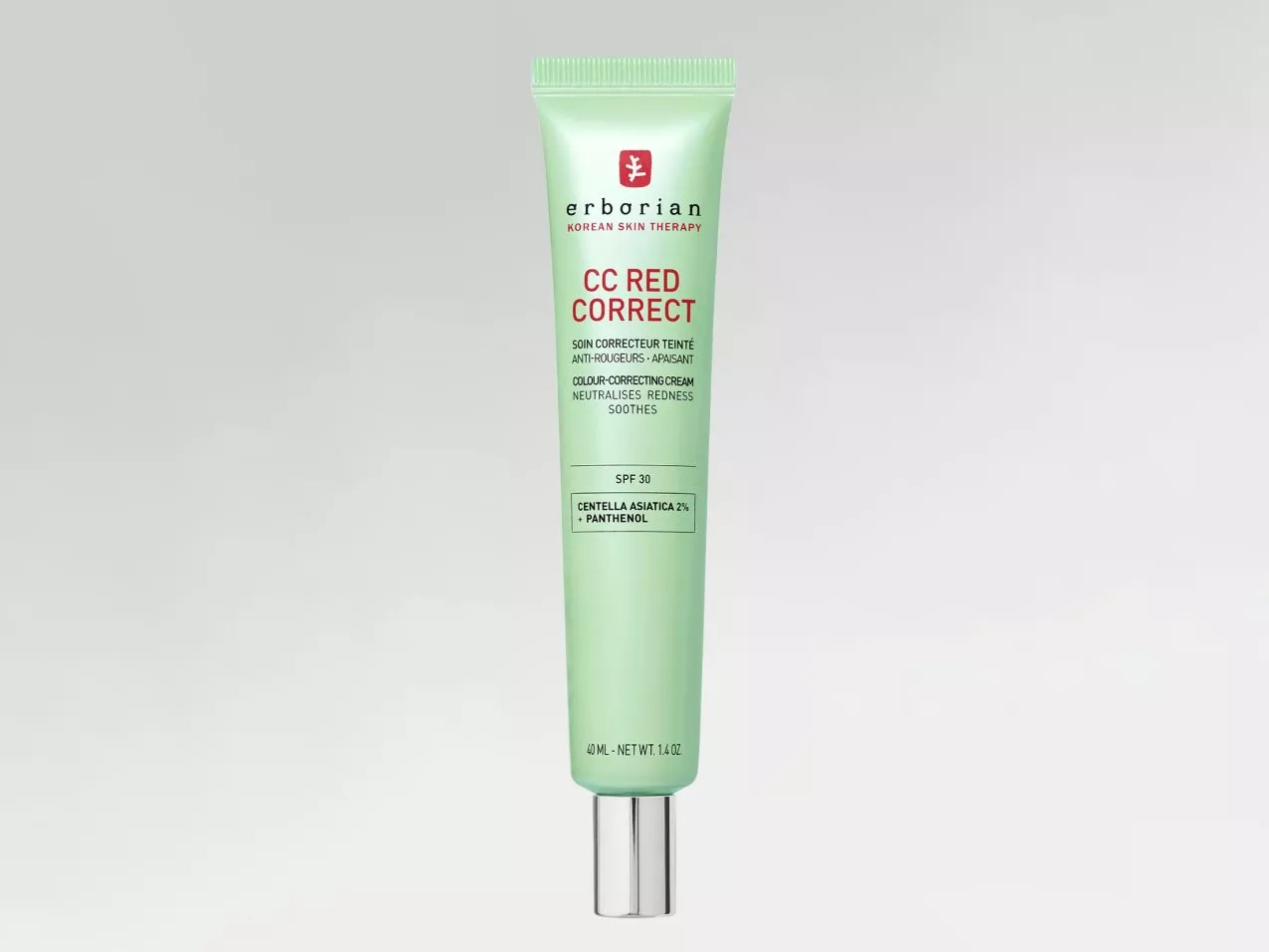 Erborian CC Red Correct colour-correcting cream tube, SPF 30, with Centella Asiatica and panthenol.