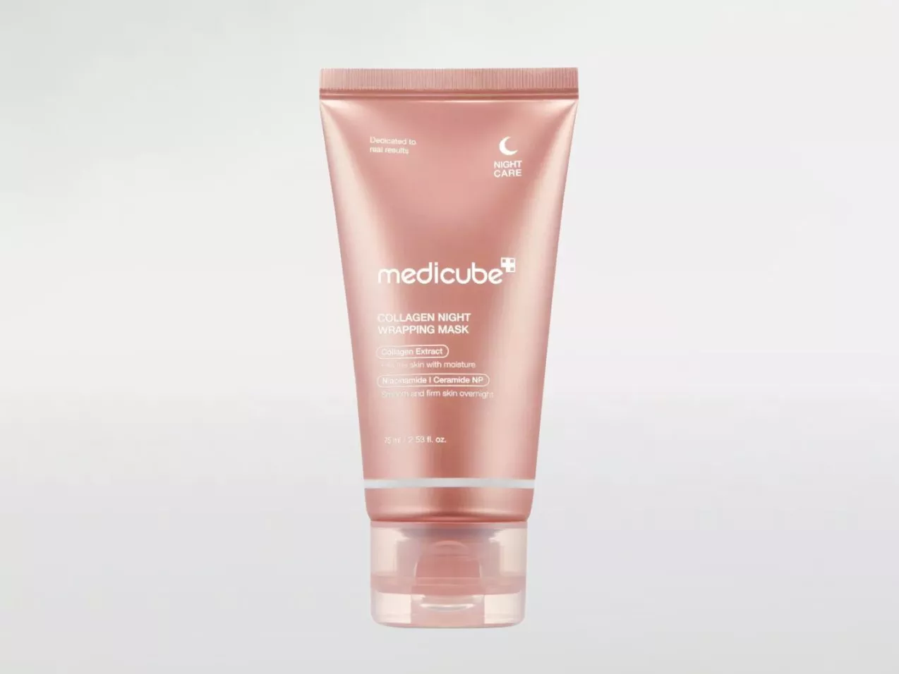 Medicube Collagen Night Wrapping Mask tube in rose gold packaging, overnight skincare moisturiser product shot.