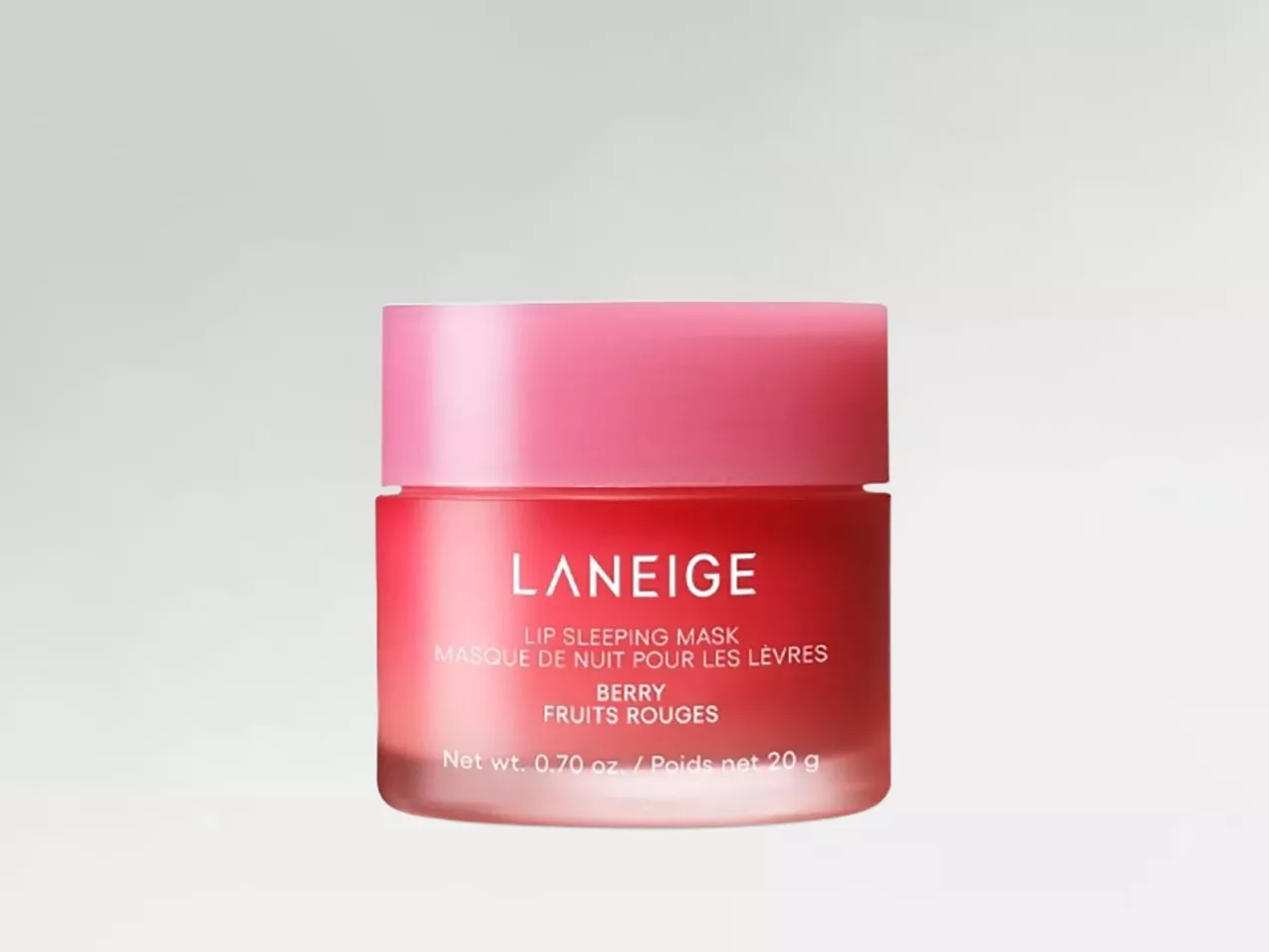 Laneige Lip Sleeping Mask Berry in a pink jar, hydrating overnight lip care balm on a white background