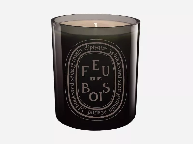 Diptyque Feu de Bois Gris Scented Candle, 300g on a grey background