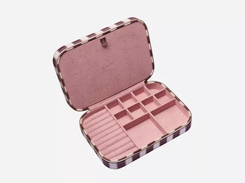Daisy London Polly Sayer Mulberry Striped Jewellery Case, Pink on a grey background