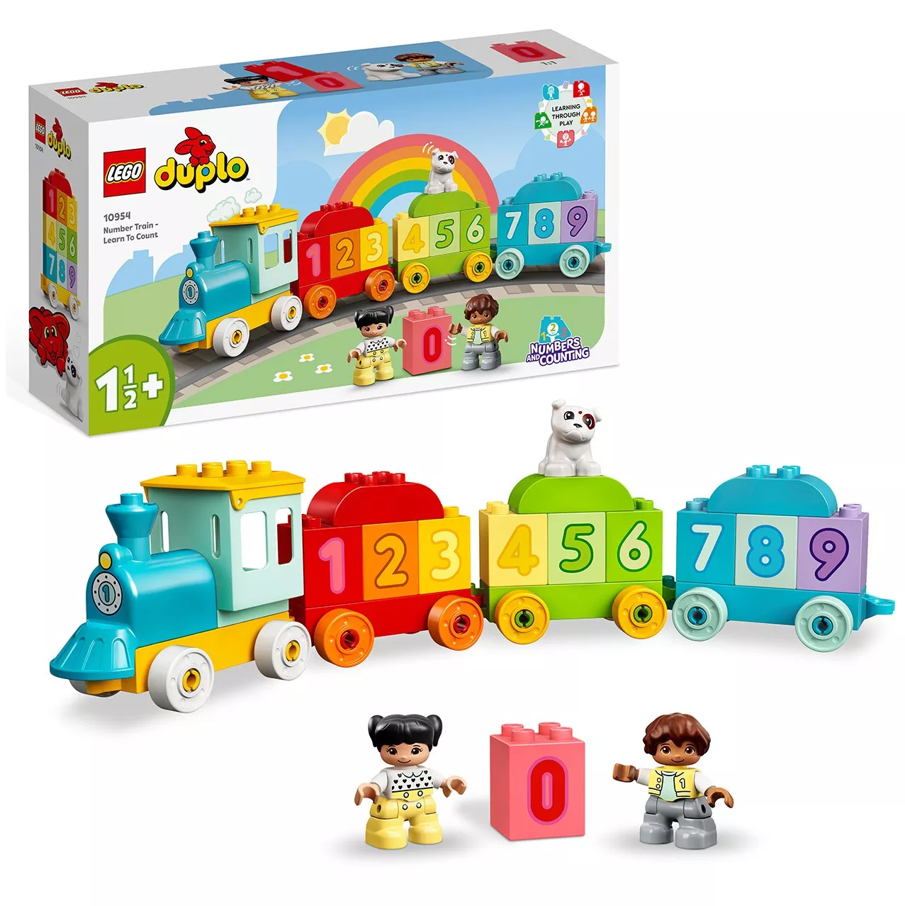 LEGO DUPLO Number Train Learn to Count set with colourful engine, number carriages 0–9, figures and dog