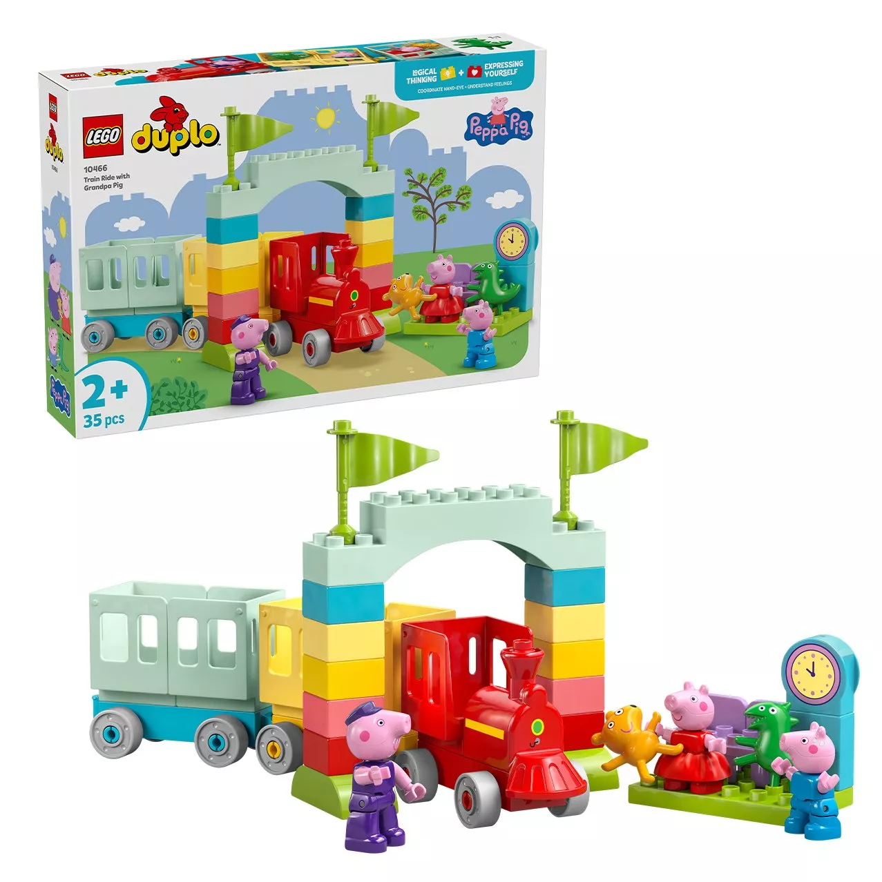 LEGO DUPLO Peppa Pig train set with Grandpa Pig, colourful archway, carriages, figures and station clock.