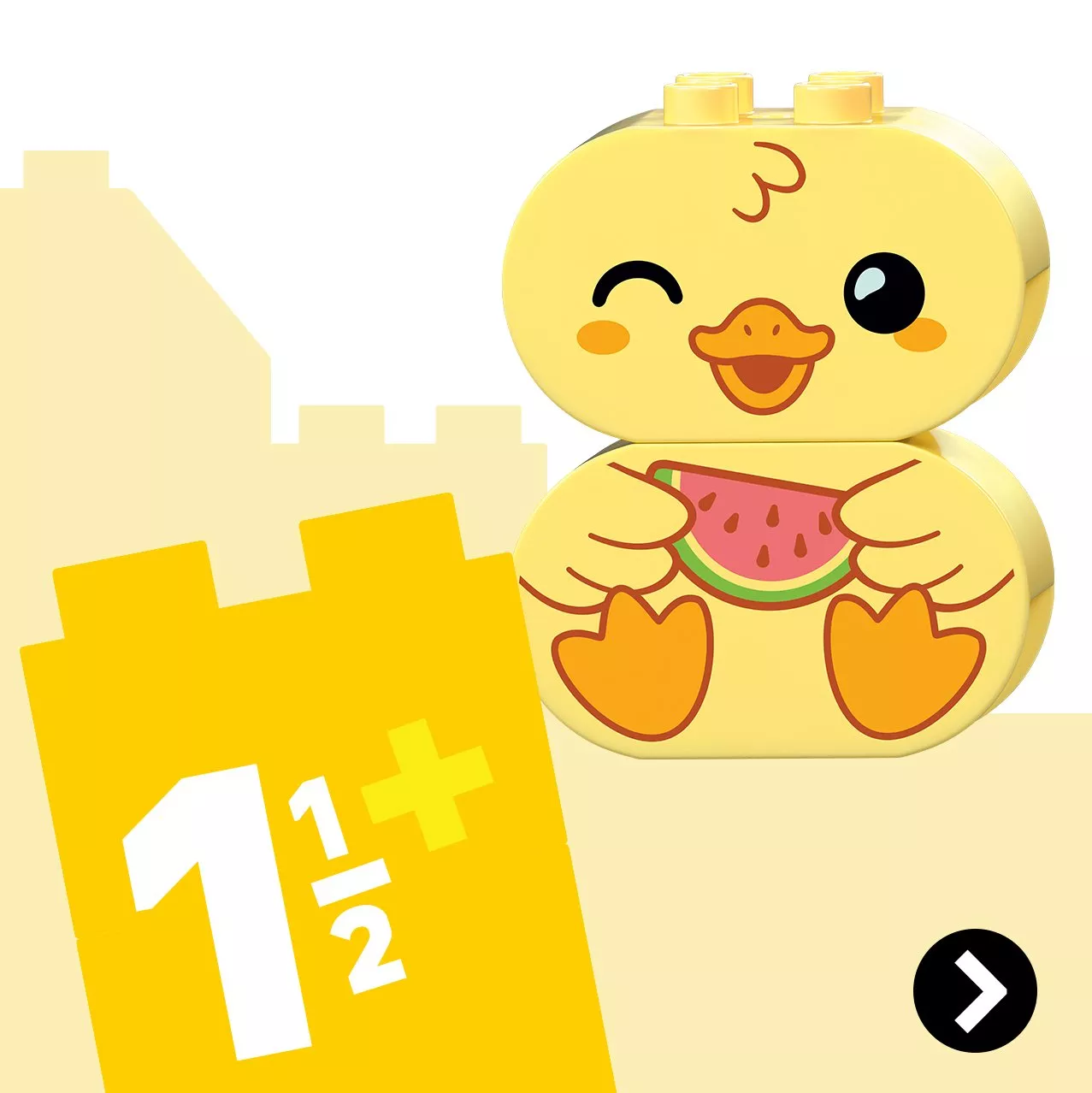 Cute yellow duck building block toy holding a watermelon slice, 1½+ age icon, pastel nursery graphic