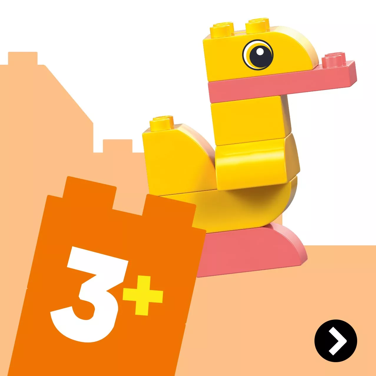 Yellow and pink building block dinosaur toy with big eye, shown with 3+ age label on a clean background