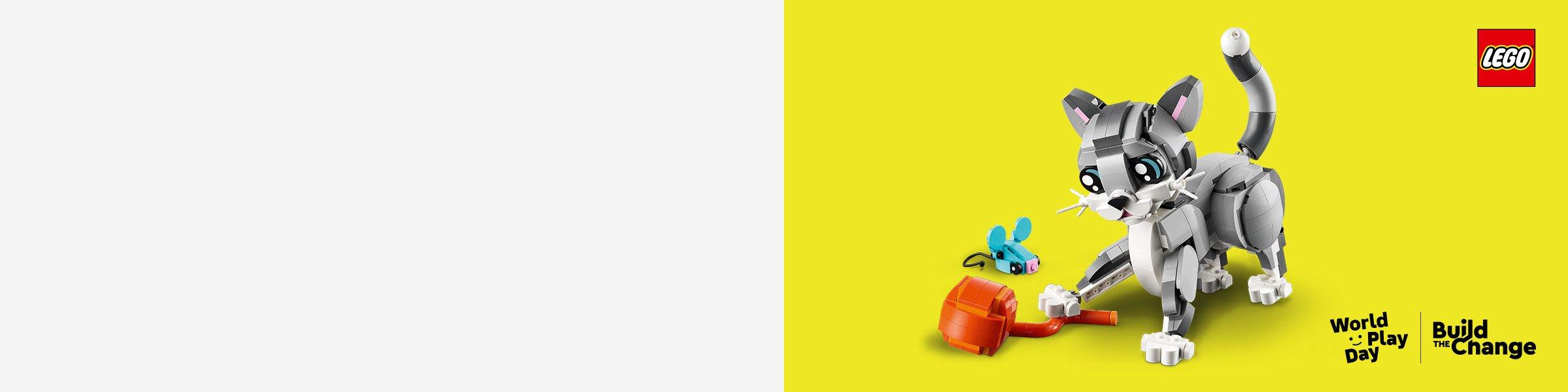 LEGO building blocks of a robotic cat with toy mice on a yellow background