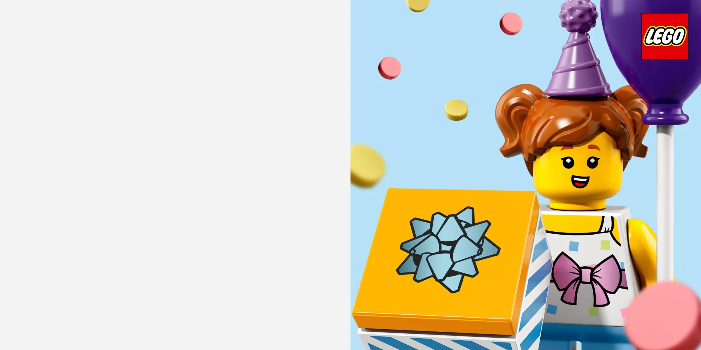 party lego figure holding a lego present and lego balloon