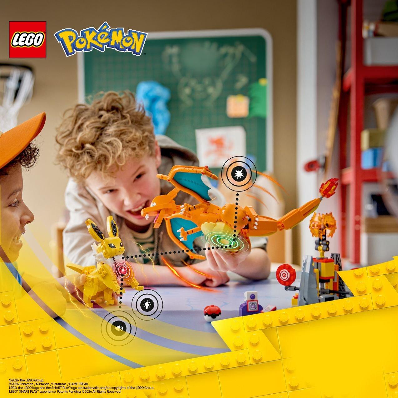 Two children playing with LEGO Pokémon Charizard and Jolteon buildable figures featuring interactive Smart Play sound, light, and motion icons.