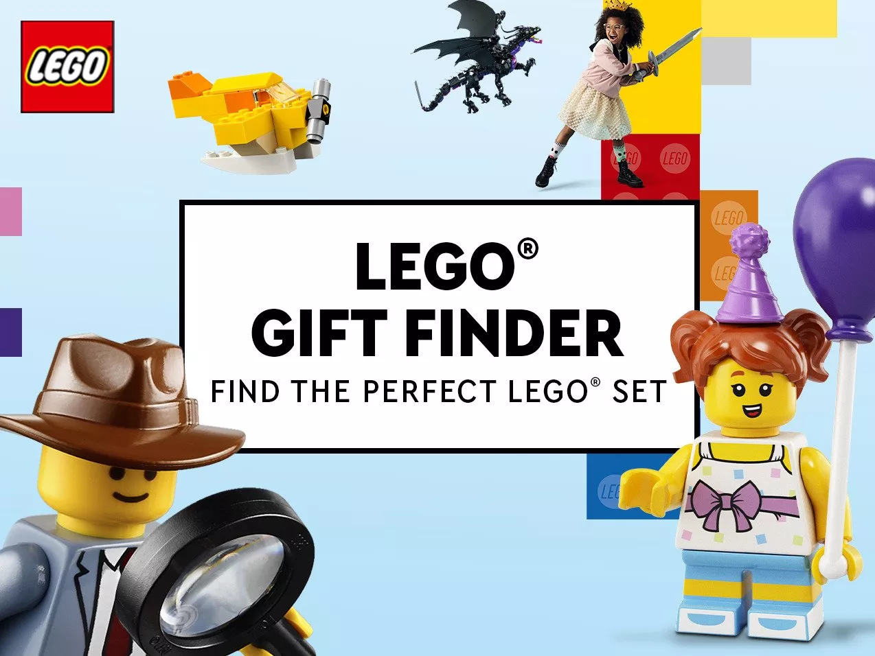 LEGO® Gift Finder featuring a young girl dressed as a knight, various LEGO builds, and two minifigures: a detective with a magnifying glass and a girl in a party hat holding a purple balloon