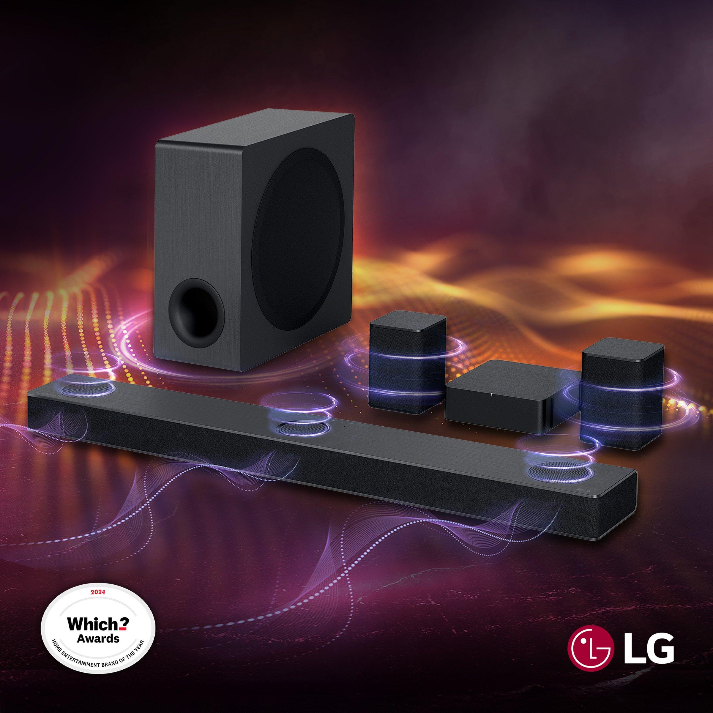 LG sound system on maroon & yellow wavy background