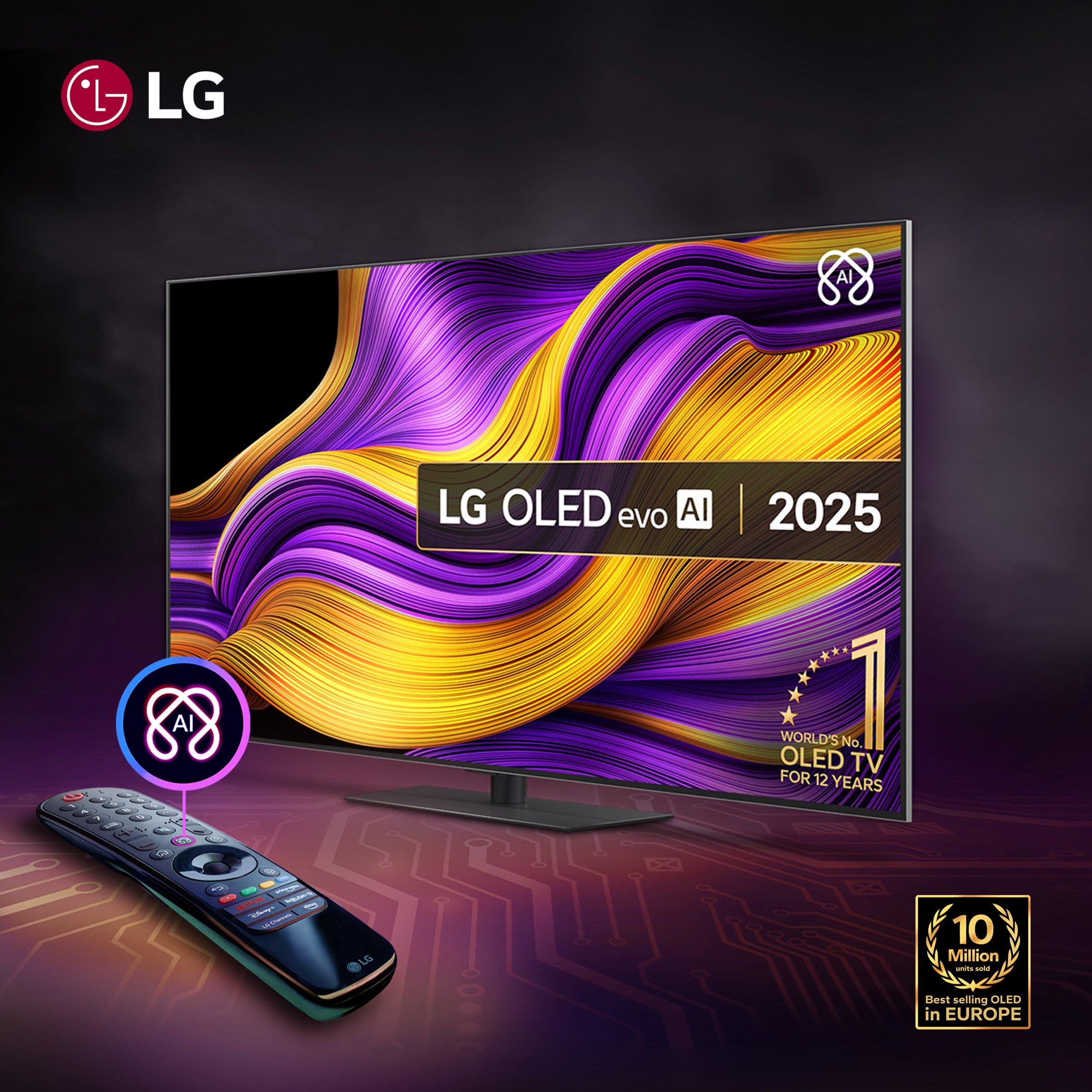 LG OLED evo AI TV (2025 model), vibrant, abstract image with flowing purple and yellow brushstroke screen with remote