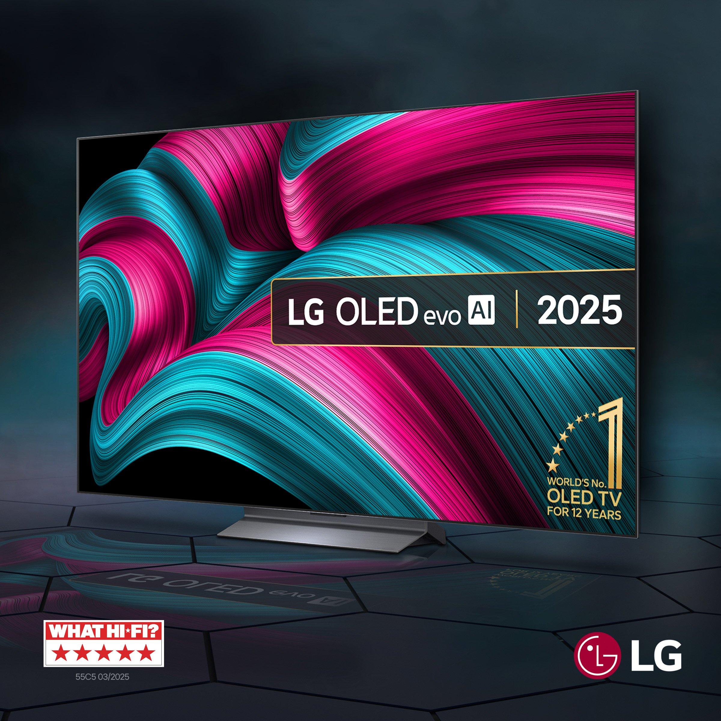 LG Oled TV with reflection on table with 'what hi-fi' logo