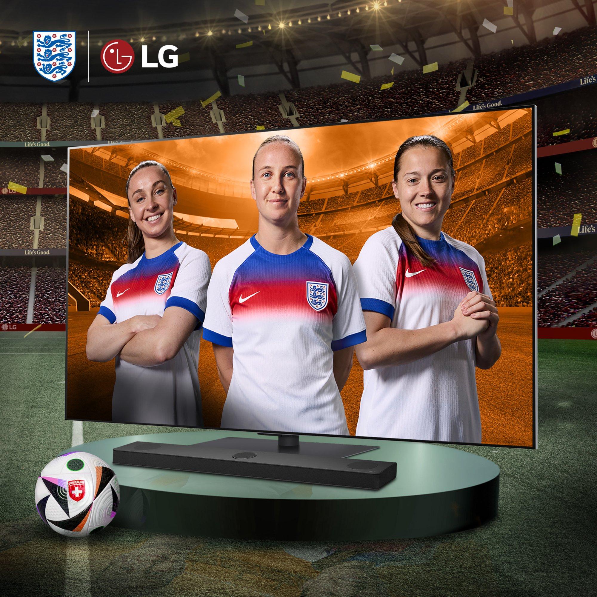 England women's football players in team jerseys displayed on an LG TV screen with soundbar