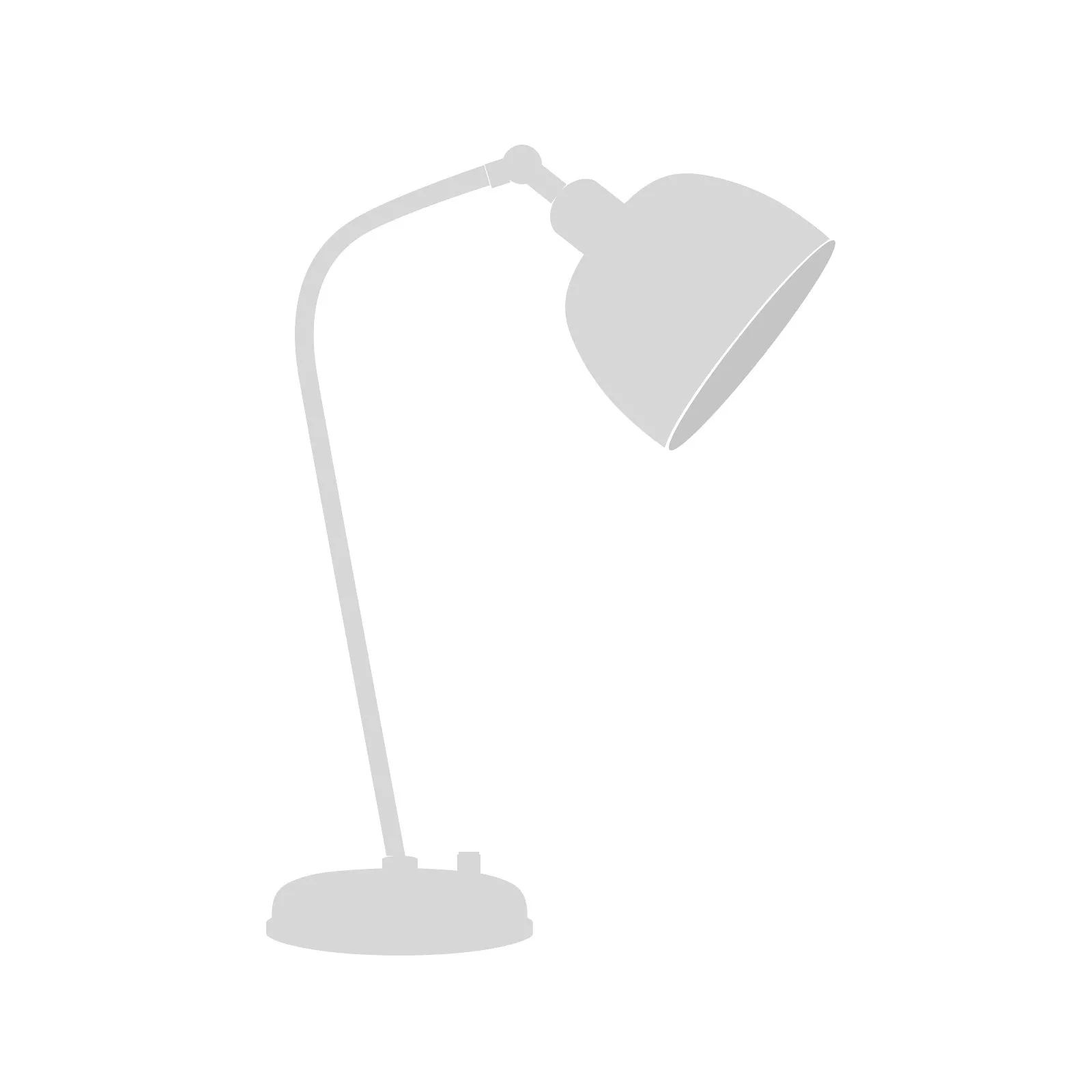 Grey adjustable desk lamp silhouette with curved neck and shade, minimalist office lighting icon on white background