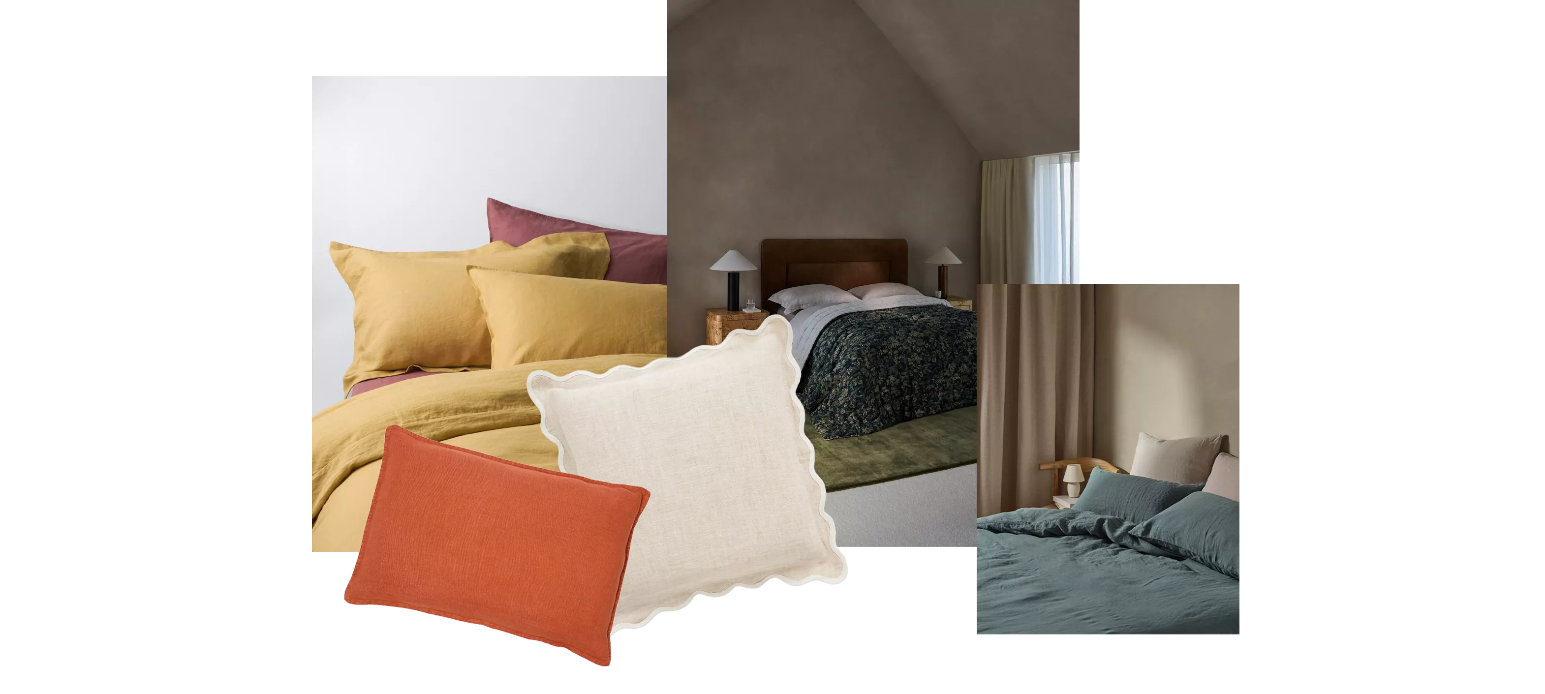 Collage of modern bedroom interiors with linen bedding and decorative cushions in mustard, teal and terracotta tones