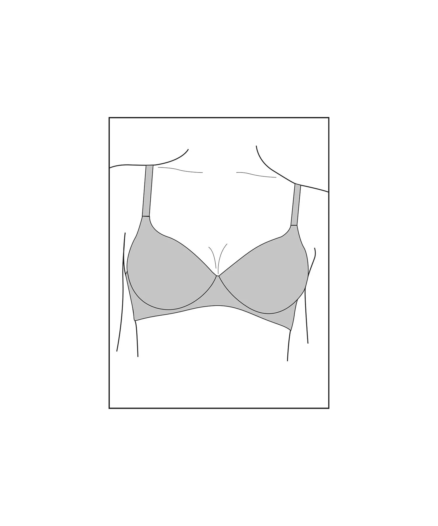Line drawing of a woman wearing a grey underwired bra with adjustable straps, showing fit and support shape