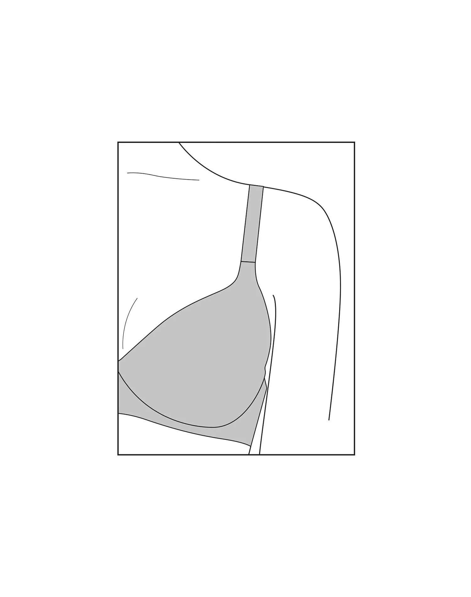 Illustration of a woman wearing a supportive grey bra, showing strap, cup shape and underarm fit detail