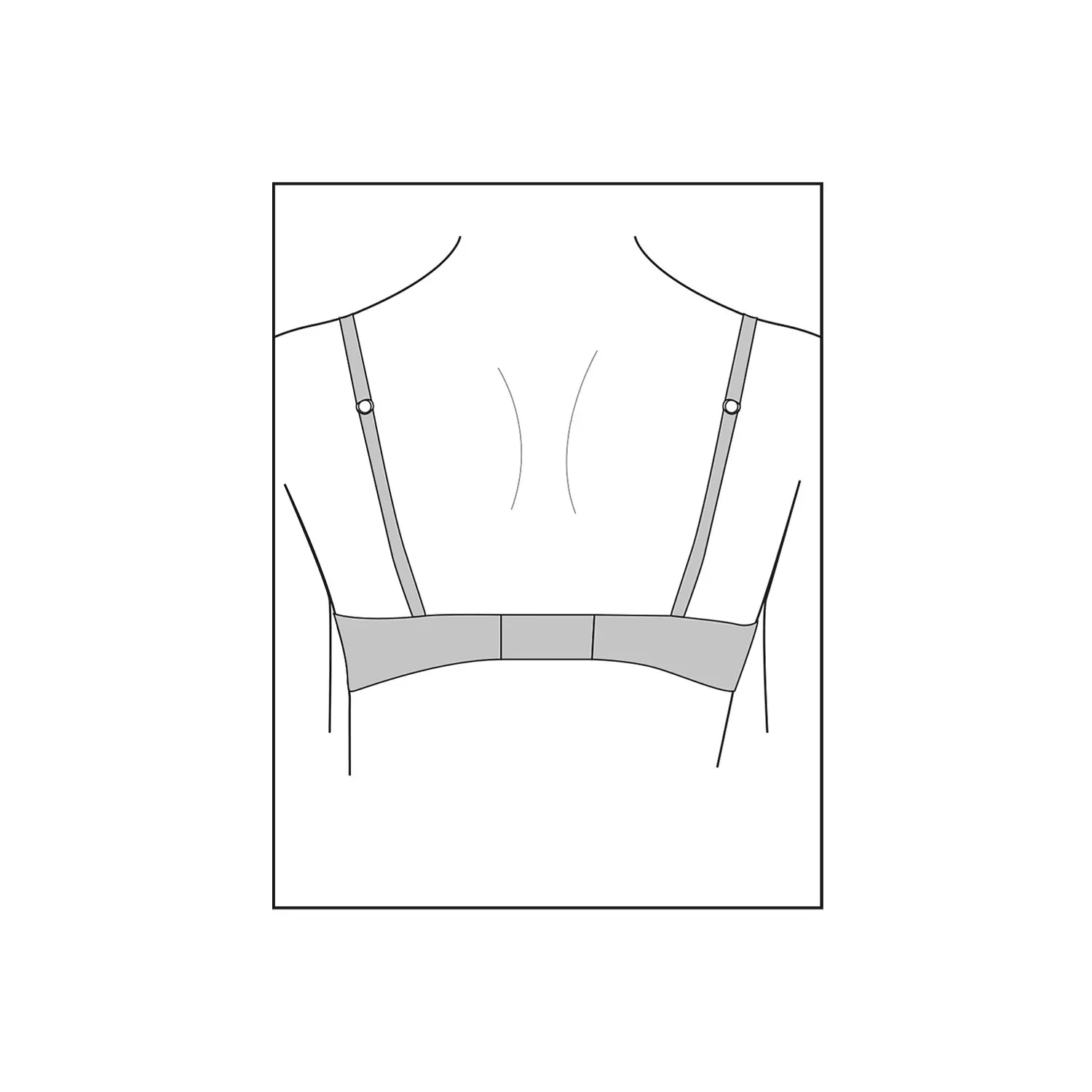 Back view line drawing of a bra with adjustable straps and hook-and-eye clasp, illustrating lingerie fit and support