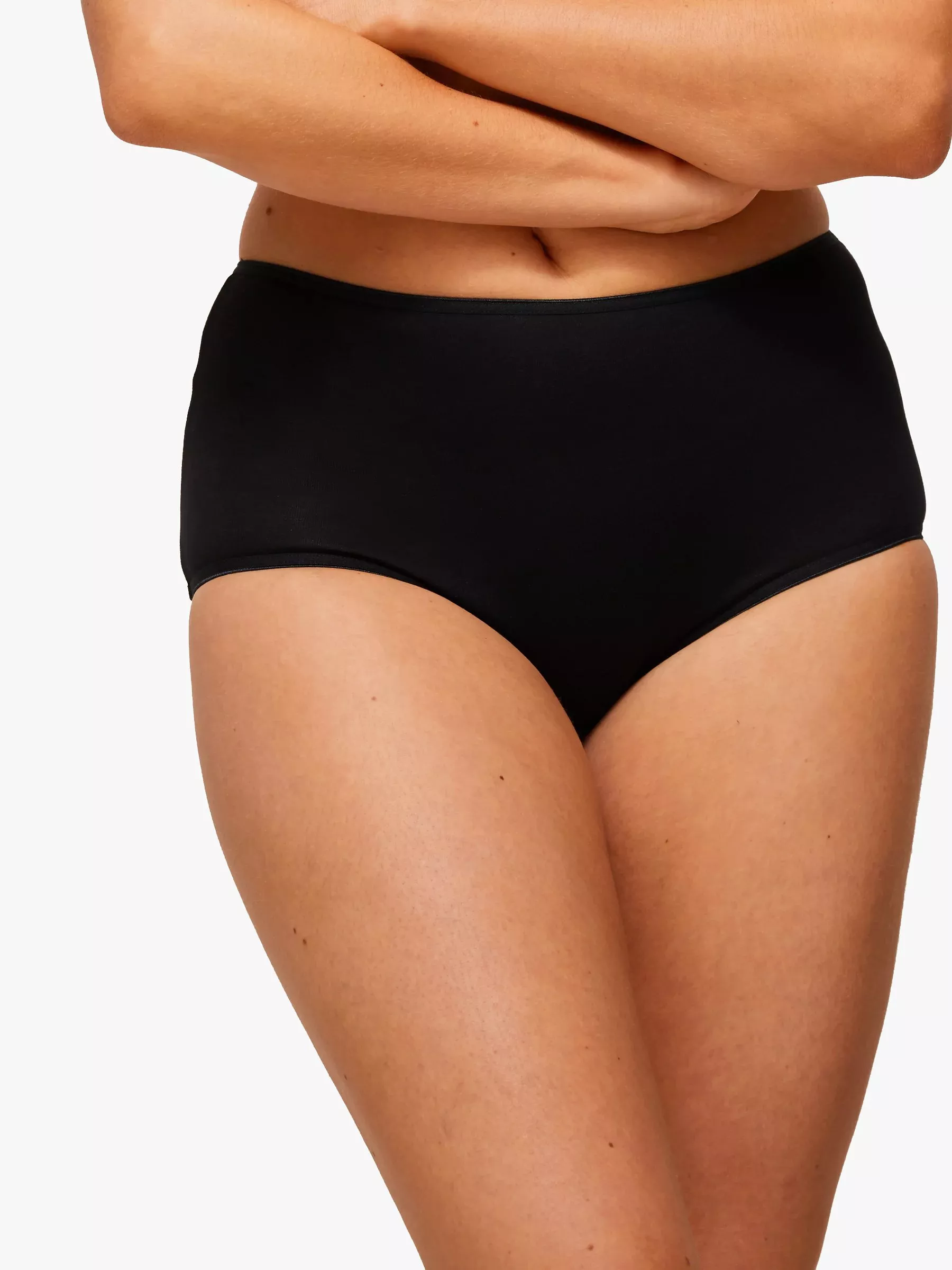 Model wearing black high-waisted briefs