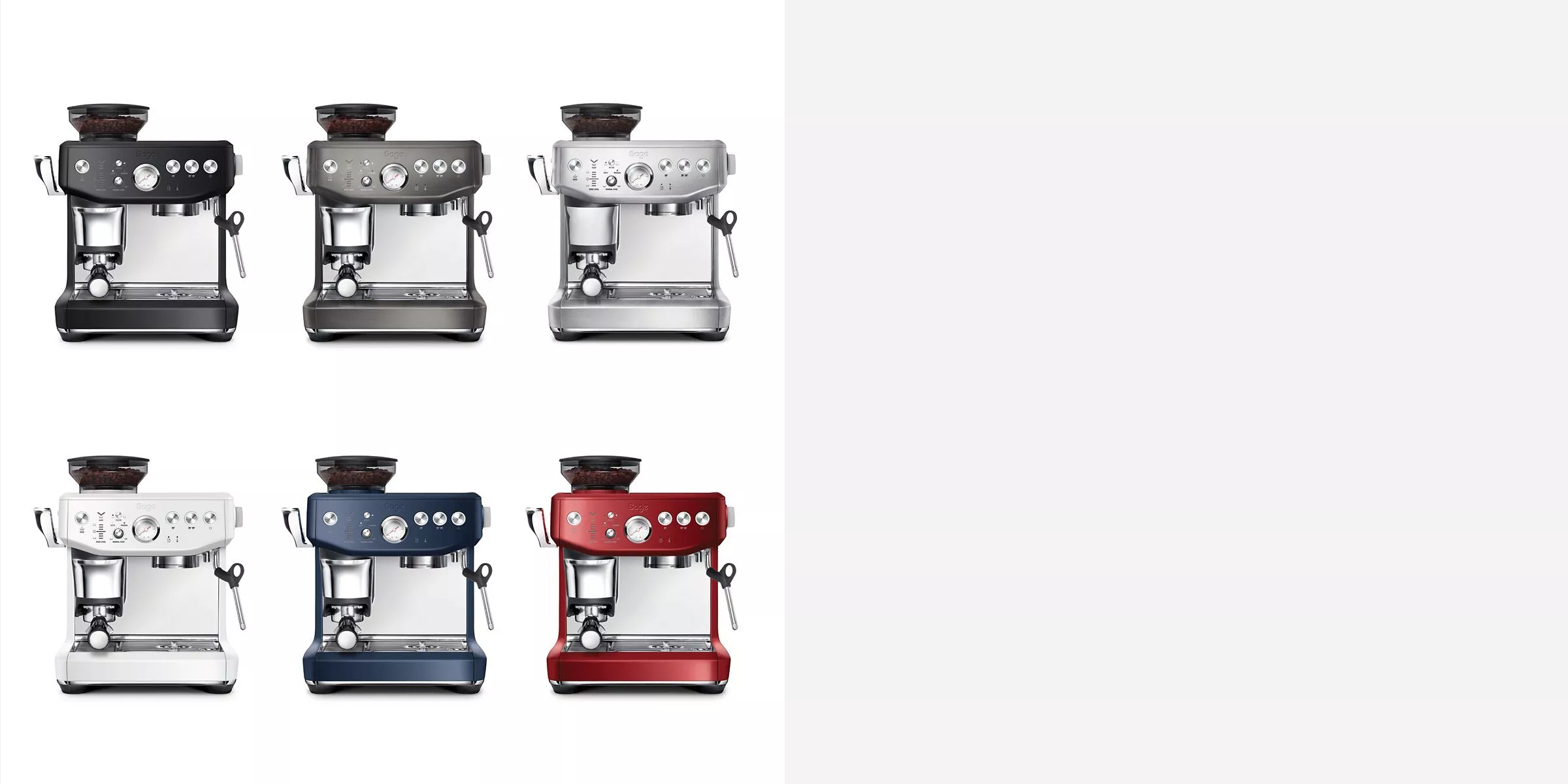 Six Sage coffee machines in black, silvers, cream, blue and red