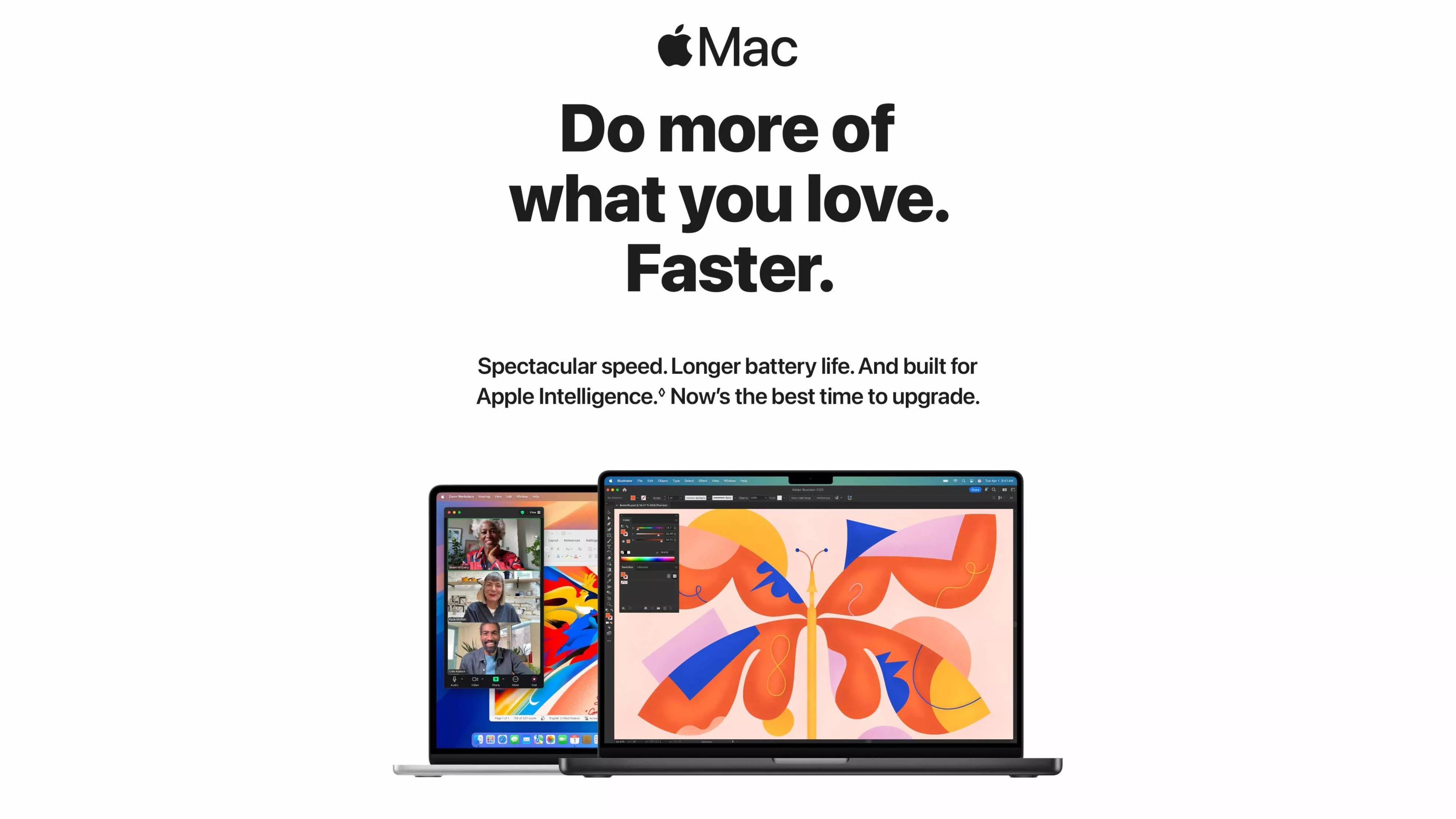 Apple Mac promotion highlighting speed, battery life, and Apple Intelligence with vibrant laptop displays.