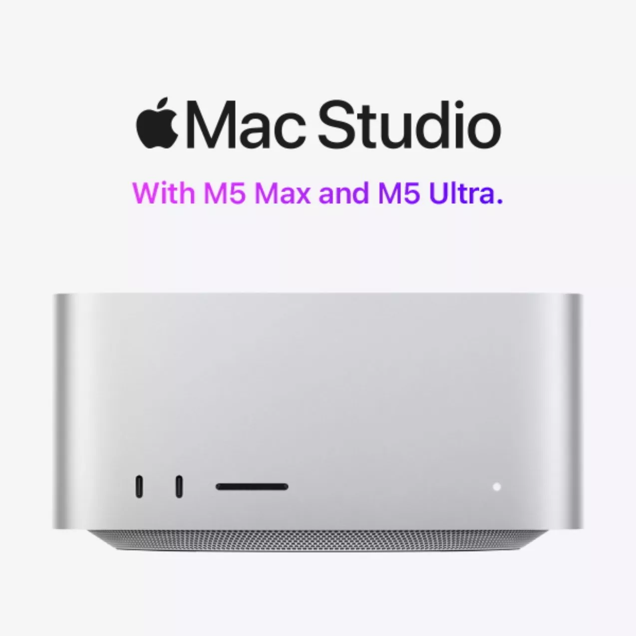 Apple Mac Studio desktop computer with M5 Max and M5 Ultra branding on a clean white background