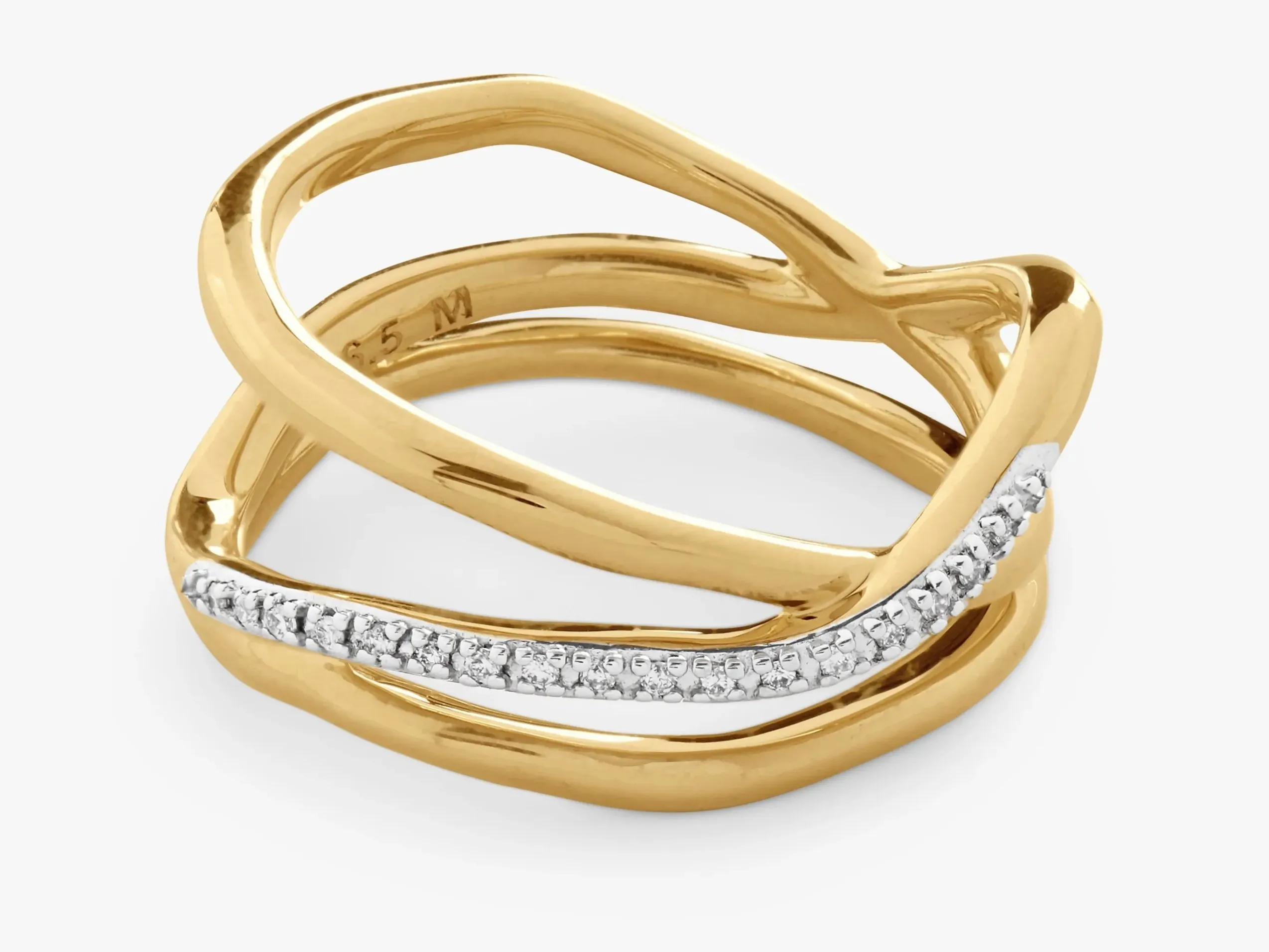 Polished yellow gold crossover ring with pavé-set diamond band, modern layered design on white background