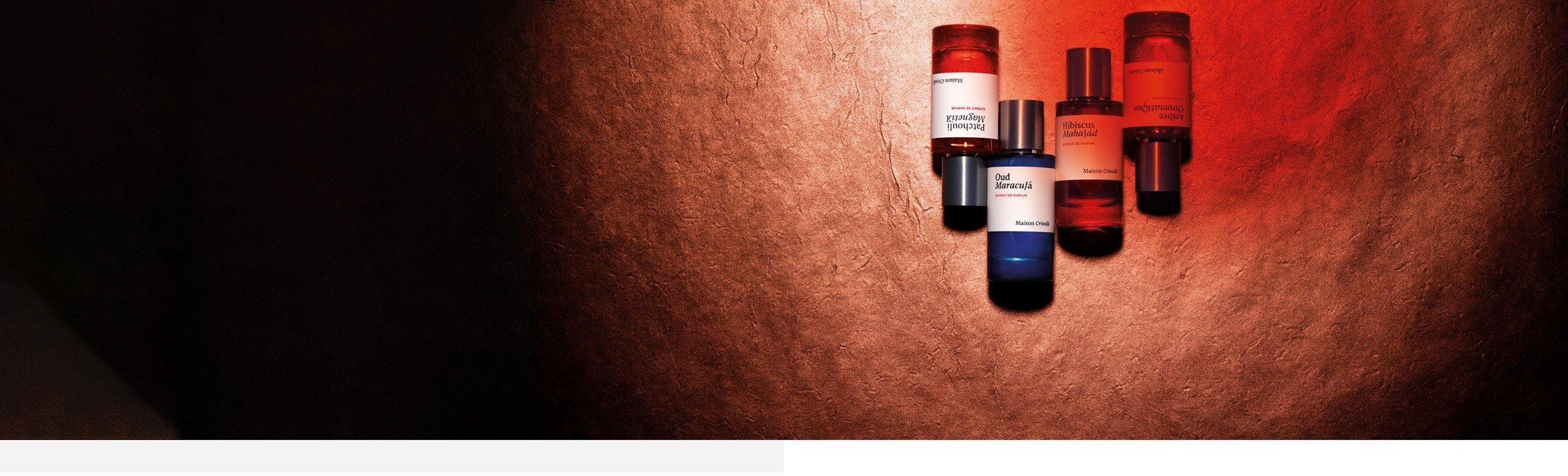 Maison Crivelli products on a textured red background