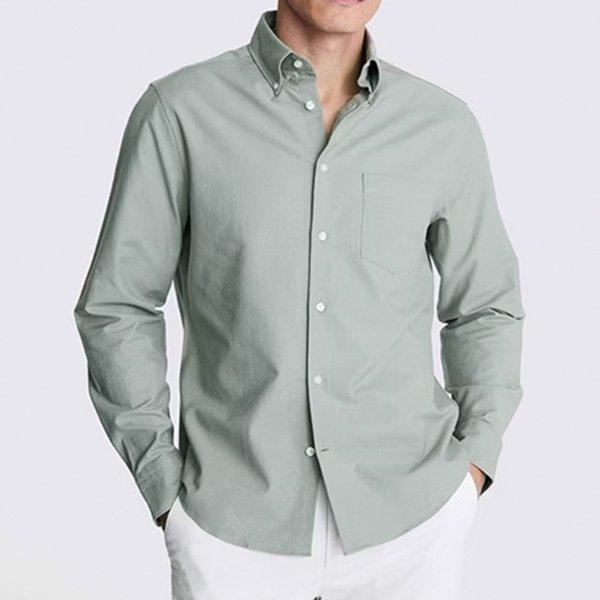 A light green long-sleeved button-down shirt on a man.