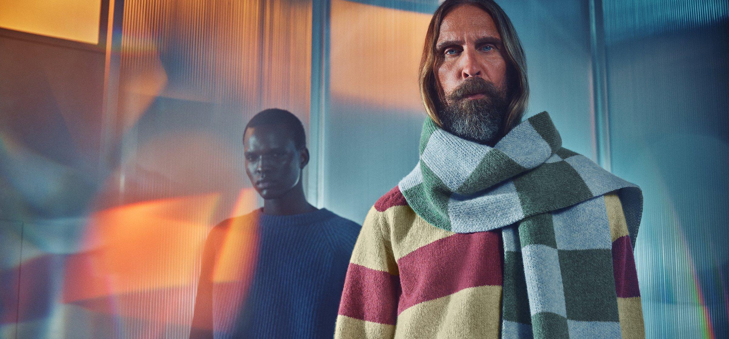 Male model wearing the new circular knitwear collection