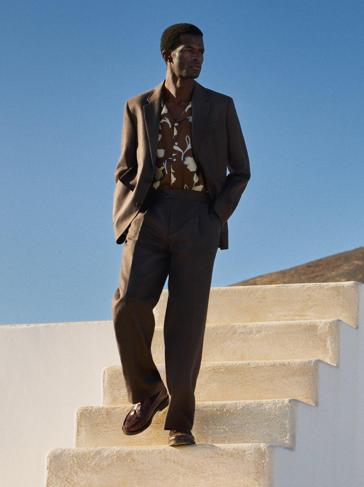 man wearing a brown suit, walking down some outdoor steps