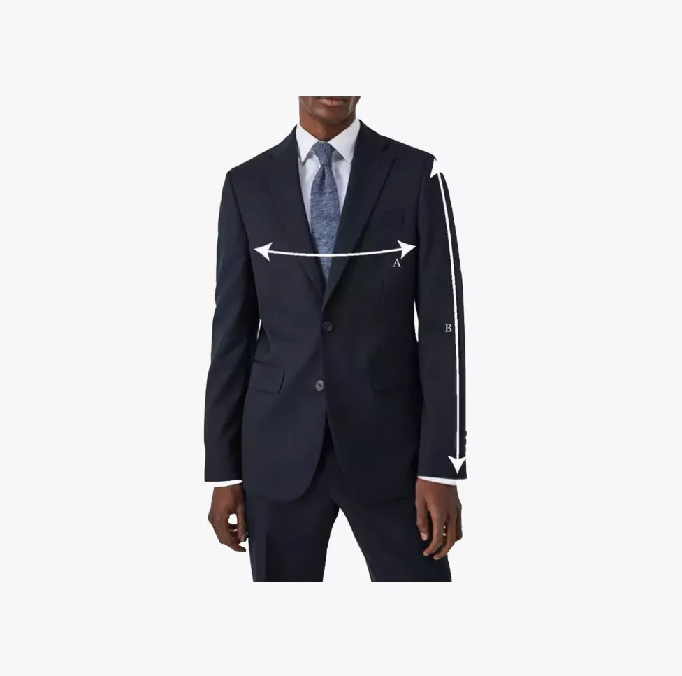 Men’s navy suit trousers sizing guide showing waist and inside leg measurements with arrows on model