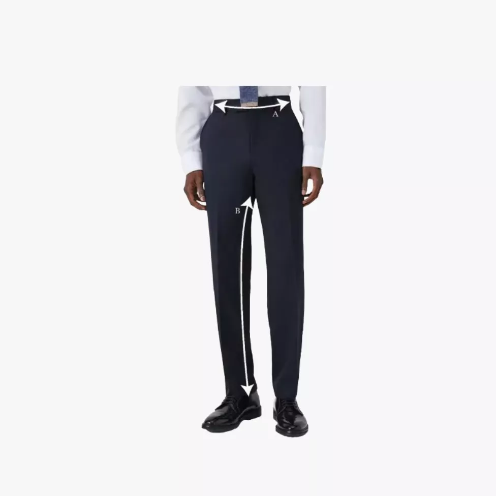 Men’s navy suit trousers size guide showing waist and inside leg measurements on a model, front view