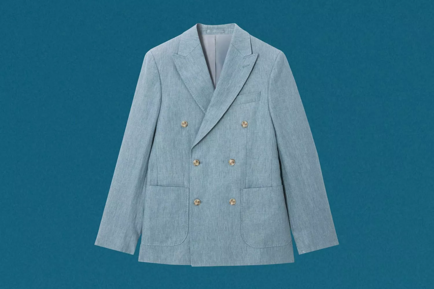 Light blue double-breasted linen blazer with peak lapels and patch pockets