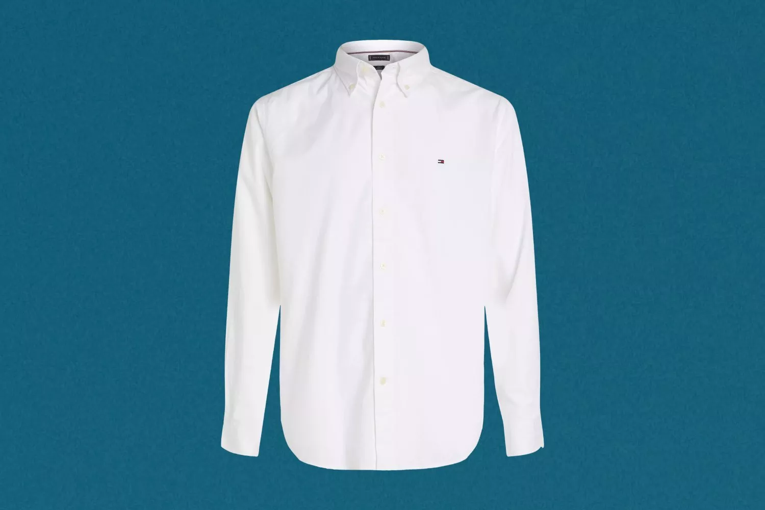Men’s white button-down Oxford shirt with long sleeves and classic collar