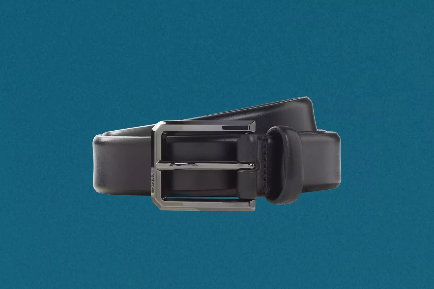 Black leather men’s belt with polished metal buckle