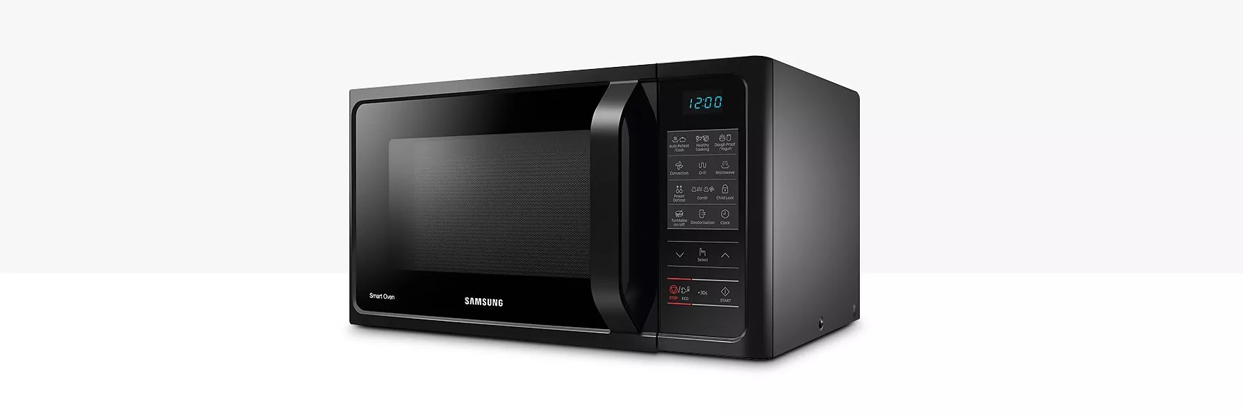 Black Samsung countertop microwave oven with digital display and touch control panel on a white background