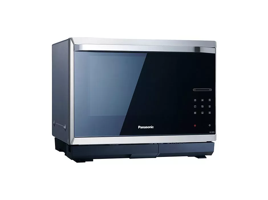 Panasonic countertop microwave oven with black glass door, touch control panel and stainless trim on white background