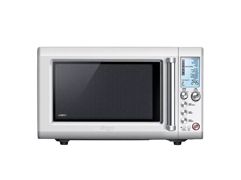 Stainless steel microwave oven with digital display, control dials and push buttons, front view on white background