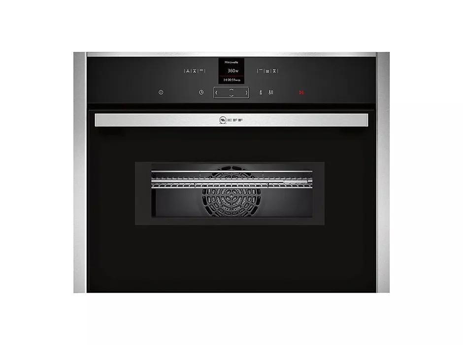 Built-in black and stainless steel microwave oven with digital touch controls and interior fan, front view