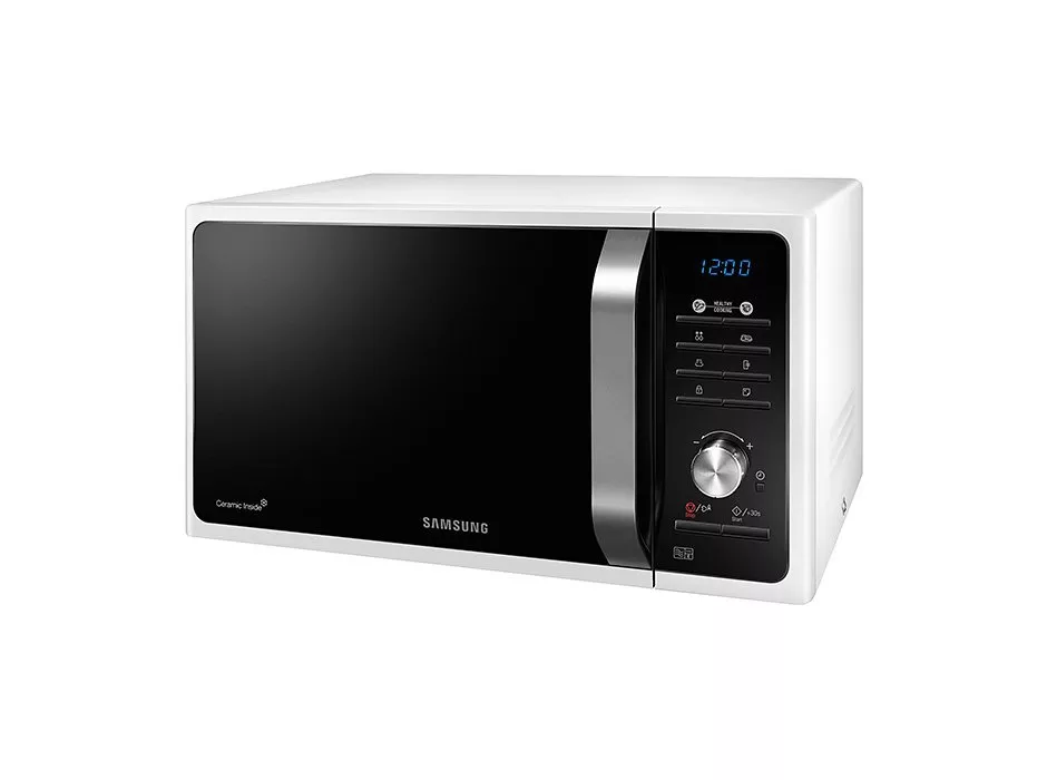 Samsung countertop microwave oven with digital display, black glass door and silver control panel on white background