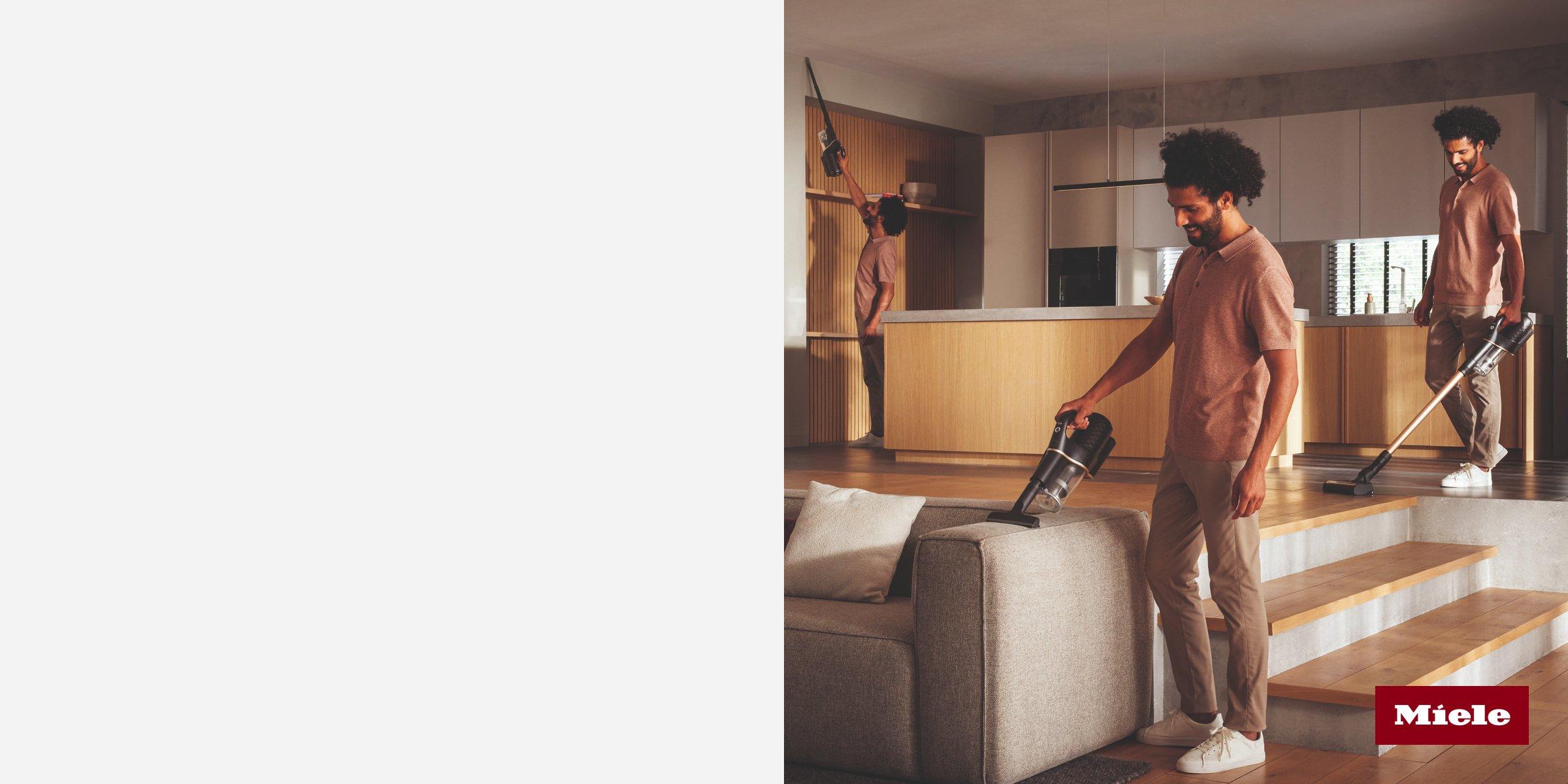 A man using a Miele cordless vacuum cleaner in three different ways in a modern home.